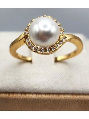 Gold Plated Faux Pearl Ring With Crystal Accent- Solitaire